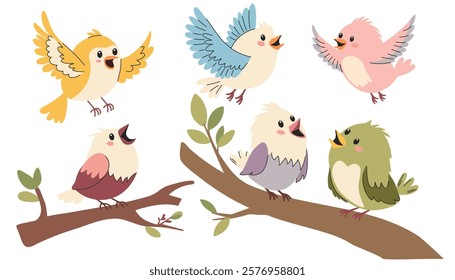 Set of cute birds. A set of flat vector illustrations in children's style. Cute birds sitting and flying 