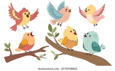 Set of cute birds. A set of flat vector illustrations in children's style. Cute birds sitting and flying 