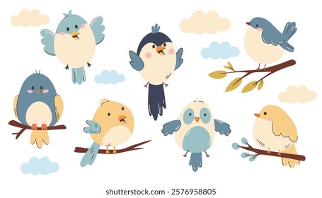 Set of cute birds. A set of flat vector illustrations in children's style. Cute birds sitting and flying 