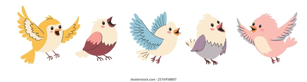 Set of cute birds. A set of flat vector illustrations in children's style. Cute birds sitting and flying 