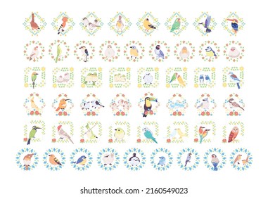 Set of cute birds in a florar frames Vector illustration