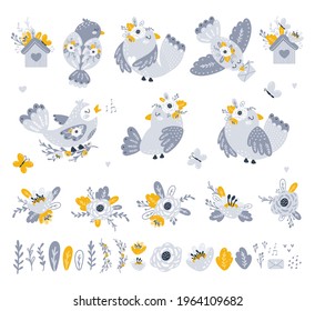 Set with cute birds and flowers. Vector