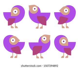 Set of cute birds hand drawn vector happy drawing decoration. Six of cute cartoon pigeons, for print, game, web. Character illustration. Flat colorful vector illustration. Cartoon bird for web design
