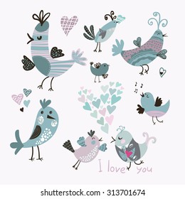 Set of cute birds with hearts