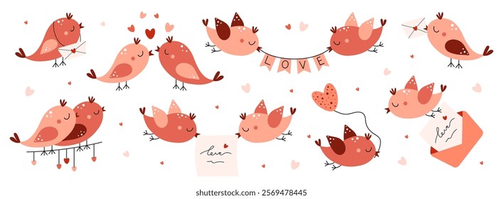 Set of cute birds with hearts, envelope with letter. Love, romance, relationship concept. Valentine's day. Flat vector illustration