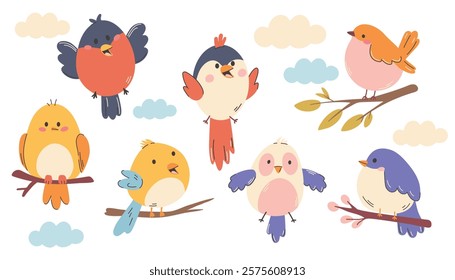 Set of cute birds illustrations. Different birds. Beautiful and cute multi-coloured birds. Vector cartoon illustration in childish style. Isolated on white.