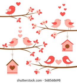 Set of cute birds in love on blooming branches. Red and pink birds,birdhouses,hearts,flowers. Vector elements for Valentine day