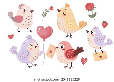 Conjunto de lindos pájaros, amor y San Valentín. Sobre un fondo aislado blanco.