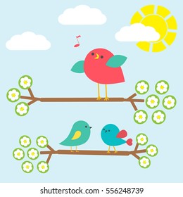 Set of cute birds on springtime branches. Vector illustration.