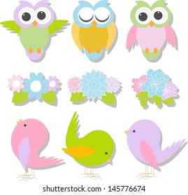 set of cute birds and owls