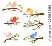 Set of cute birds sitting on tree branches. Spring time, colorful leaves. Collection for kids. Vector isolated on white background