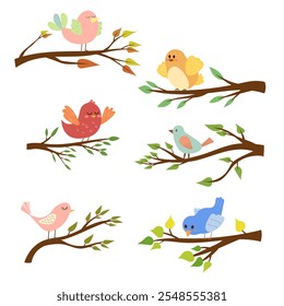 Conjunto de lindos pájaros sentados en las ramas de los árboles. Primavera, hojas coloridas. Colección para niños. Vector aislado sobre fondo blanco