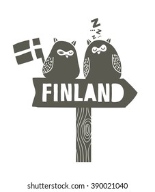 Set of cute birds sleeping on the tablet to Finland. Vector illustration.