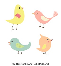 Set of cute birds. Vector flat design, kids illustration. Cartoon style.