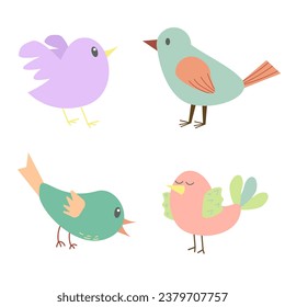 Set of cute birds. Vector flat design, kids illustration. Cartoon style.