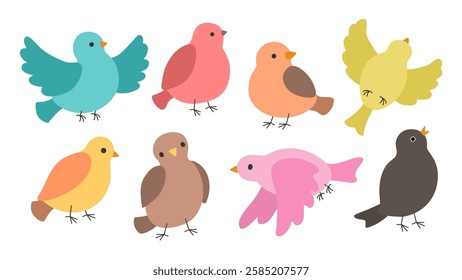 Set of cute birds vector icons. Colorful spring bird collection. Fun cartoon songbird and sparrows simple vector illustration. Springtime design elements.