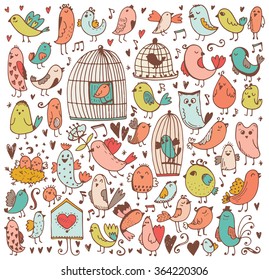 Set of cute birds. Vector sketch illustration. Doodle background.