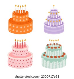 Set of cute birthday cake with burning candles. Dessert for celebration, anniversary, wedding. Stylized vector illustration of holiday cupcake. Trendy hand drawn clipart in the scandinavian style.