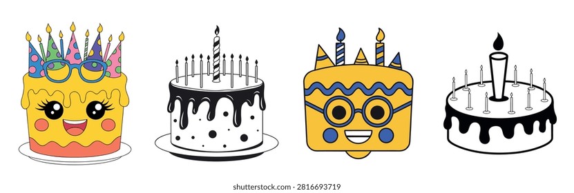 Set of cute birthday cake characters with funny faces, glasses, party hats, and monochrome outline cakes with lit candles isolated on a white background, perfect for birthday party invitations, greeting cards, stickers, or kids design.