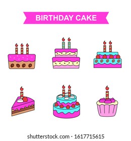 Set of cute birthday cake vector illustration with pink color isolated on white background 