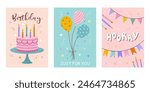 Set of cute birthday cards design with cake, balloons and party decorations. Vector templates great for poster, Invitations, banner and flyer
