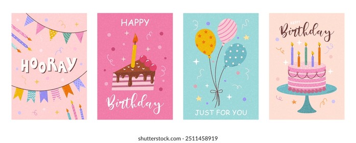 Conjunto de lindo diseño de tarjetas de cumpleaños con pastel, globos y decoraciones de fiesta. Plantillas de Vector ideales para póster, invitaciones, Anuncio, volante