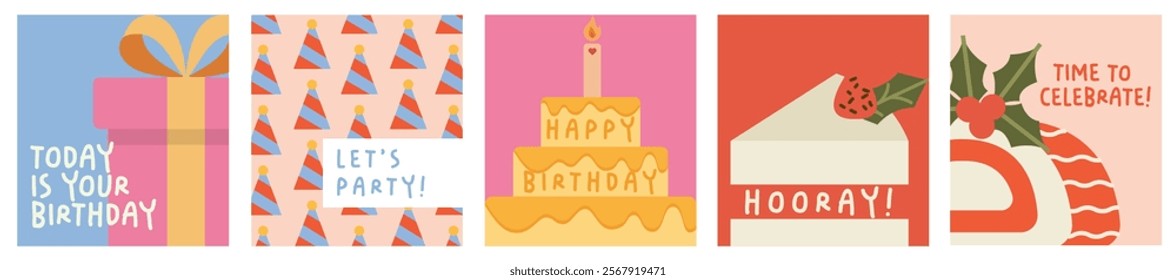 Set of cute birthday cards design with cake, gifts and party decorations. Vector templates great for poster, Invitations, banner, flyer