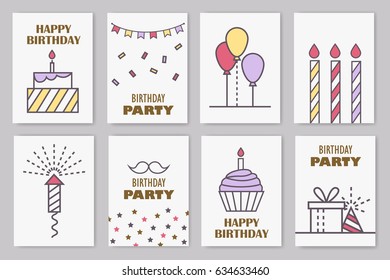 Set of cute birthday cards. Linear design