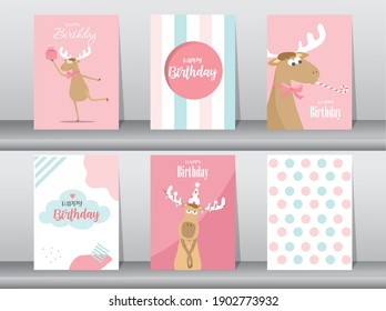 Set of cute birthday cards,poster,template,greeting card,animal,Vector illustrations