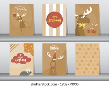 Set of cute birthday cards,poster,template,greeting card,animal,Vector illustrations
