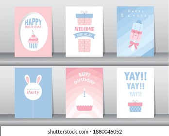 Set of cute birthday cards,poster,template,greeting card,cake,Vector illustrations