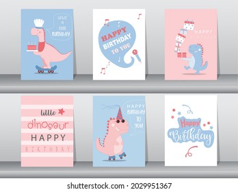 Set of cute  birthday cards,poster,template,greeting cards,animals,dinosaurs,Vector illustrations.