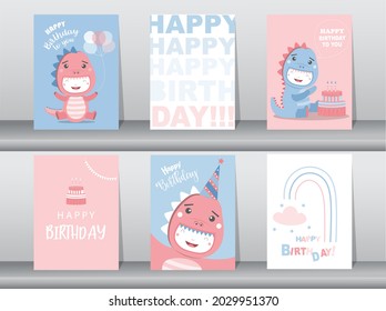 Set of cute  birthday cards,poster,template,greeting cards,animals,dinosaurs,Vector illustrations.