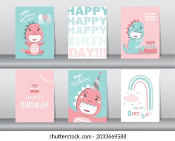 Set of cute  birthday cards,poster,template,greeting cards,animals,dinosaurs,Vector illustrations.