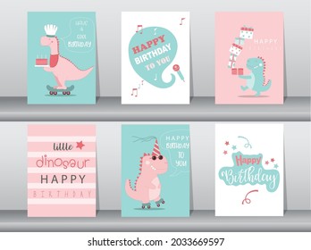 Set of cute  birthday cards,poster,template,greeting cards,animals,dinosaurs,Vector illustrations.