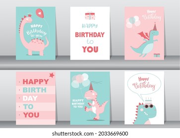 Set of cute  birthday cards,poster,template,greeting cards,animals,dinosaurs,Vector illustrations.