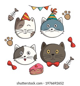 set of cute birthday cat with doodle style