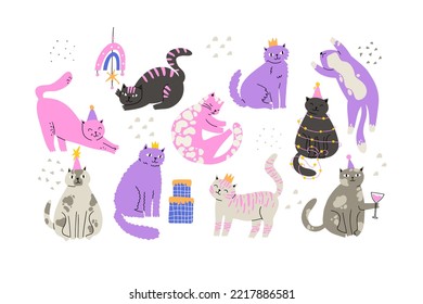 set of cute birthday cats in hand drawn flat style. vector illustration