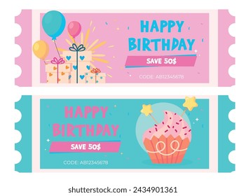 Set of cute birthday coupons in cartoon style. Vector illustration of pink and blue coupons with gifts, balloons, cupcakes, with sprinkles and stars, lettering happy birthday, save 50 percent, code.