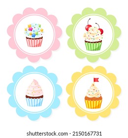 Set of cute birthday cupcake toppers. Illustrations of sweet muffins decorated with cream, pearl sprinkles and mermaid tails. Vector 10 EPS.