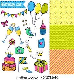 Set of cute birthday design elements and seamless patterns