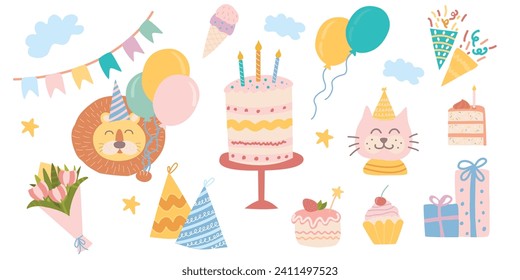 Conjunto de adorables elementos de cumpleaños. Ilustración vectorial en un estilo plano.