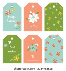 Set of cute birthday gift tags with flowers.