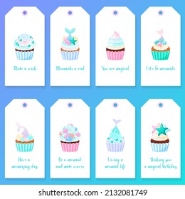 Set of cute birthday gift tags. Illustrations of sweet muffins decorated with cream, pearl sprinkles and mermaid tails. Vector 10 EPS.