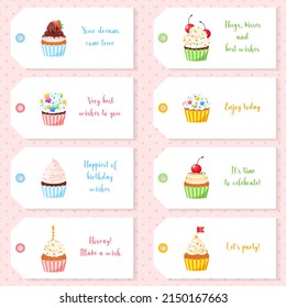 Set of cute birthday gift tags. Illustrations of sweet muffins decorated with sprinkles, cherries and candles. Vector 10 EPS.