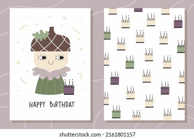 Set of cute birthday greeting cards. Vector illustration with smiling acorn character, birthday cakes backdrop and "Happy Birthday" typography. Bright cartoon style for posters, cards, invitations.