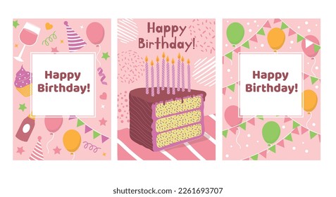 Set of cute birthday greeting cards. Beautiful pink postcard templates with birthday cake, candles and balloons. Design elements for print. Cartoon flat vector collection isolated on white background