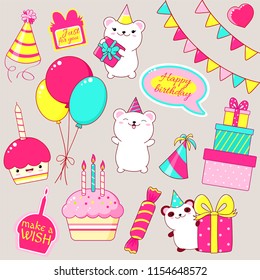 Set of cute Birthday party icons in kawaii style. Polar bear and panda with gift, cake with candles, flags, stack of gifts, candy, balloons, sticker with inscription just for you, make a wish. EPS8