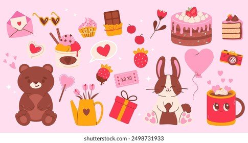 Conjunto de linda fiesta de cumpleaños, Elementos de San Valentín con corazón y otros Elementos. Para el Anuncio de Sitio web, venta, tarjeta de San Valentín, cubierta, volante o cartel de Ilustración vectorial de moda. Estilo retro, amor propio.