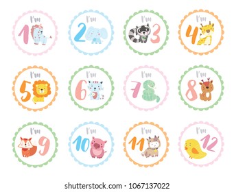 Set of cute birthday stickers with animals for babies